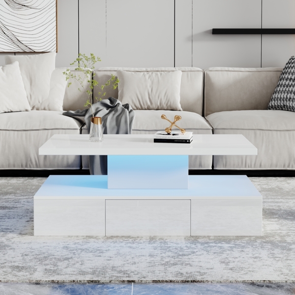 Couchtisch 100 cm Weiß Hochglanz mit LED, Wohnzimmertisch mit offener Ablage, Schublade & App-Steuerung Bild 4