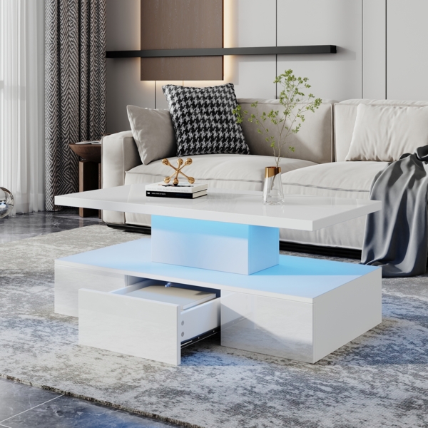 Couchtisch 100 cm Weiß Hochglanz mit LED, Wohnzimmertisch mit offener Ablage, Schublade & App-Steuerung Bild 5