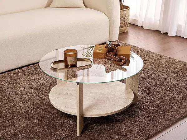 Vente-unique - SENIRA Couchtisch Holz, PlatteGlas Beige - B 75 cm x H 40 cm x L 75 cm