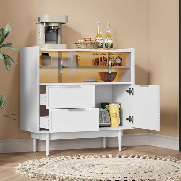 Sideboard 80x80x35 cm breit, weiß, mit LED-Lichtleiste, Glasschiebetüren und offenen Fächern
