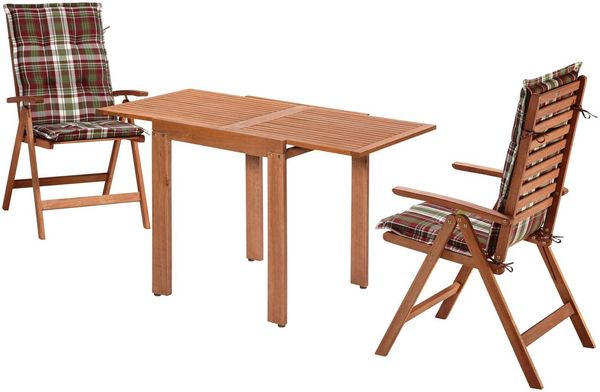 MERXX Balkonset Borkum, (5-tlg, 2x Klappsessel, inkl. Kissen, 1x Balkonausziehtisch 65(130)x65 cm), Eukalyptusholz, FSC Mix, geeignet für 2 Personen