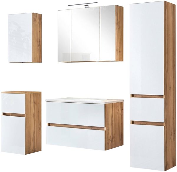 welltime Badezimmer-Set Horki, (Set, 5-St), bestehend aus Waschtisch-Set mit Seitenschrank, Breite 160 cm