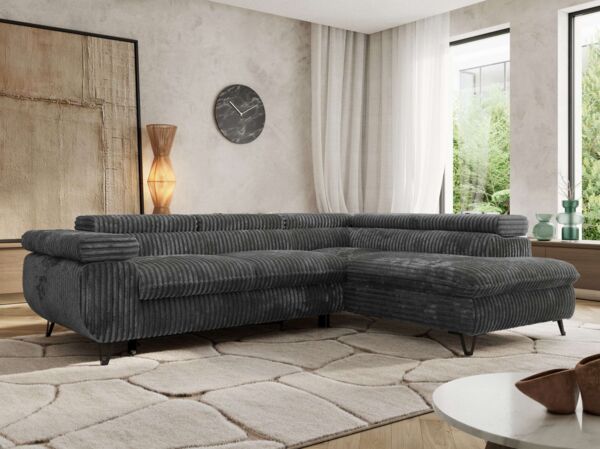 MKS Möbel 'Pablo L-Form' Ecksofa mit Schlaffunktion, verstellbare Kopfstützen, Dunkelgrau, Cordstoff, T25 Topper, Rechts
