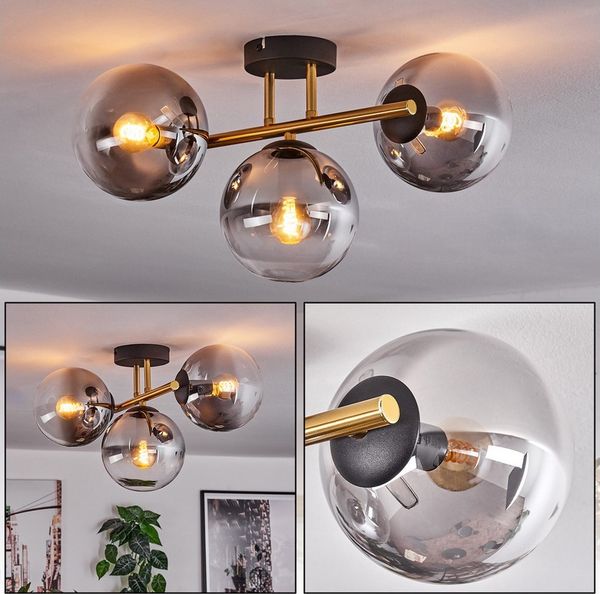 hofstein Deckenleuchte Deckenlampe aus Metall/Glas in Schwarz/Gold-/Rauchfarben/Klar, ohne Leuchtmittel, Leuchte im Retro/Vintage-Design (Schirme Ø 15 cm), 3 x E14