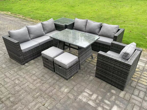 Fimous 9-Sitzer Gartenmöbel Lounge Sofa Set mit Esstisch Sessel Beistelltisch 2 kleine Fußhockern Dunkelgrau Gemischt
