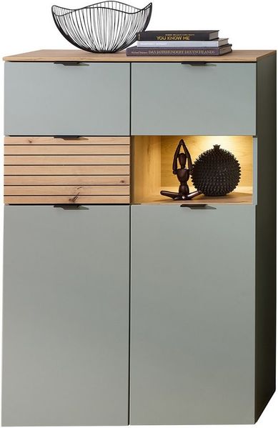 Stella Trading INA Highboard in Schilfgrün, Artisan Eiche Optik FSC-Zertifiziert - Moderner Wohnzimmerschrank mit Schubladen und LED-Beleuchtung - 84 x 125 x 45 cm (B/H/T)