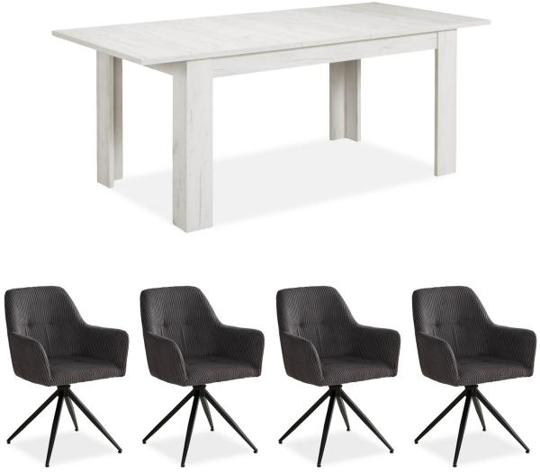 Set Esstisch mit 4 Stühlen, Cord Polsterstühle Grau, Küchentisch Modern Holz Shabby Weiß, Esszimmertisch Massiv, 160 x 90 cm