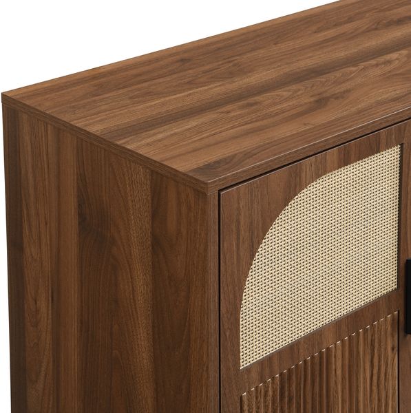 Sideboard aus MDF mit Rattanfront, Walnussholzoptik, 4 Türen, Stahlbeinen, Retro Aufbewahrungsschrank für Wohnzimmer & Flur Bild 9