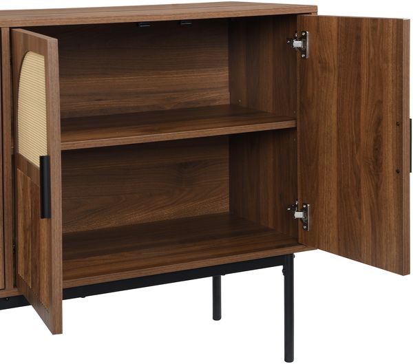 Sideboard aus MDF mit Rattanfront, Walnussholzoptik, 4 Türen, Stahlbeinen, Retro Aufbewahrungsschrank für Wohnzimmer & Flur Bild 10