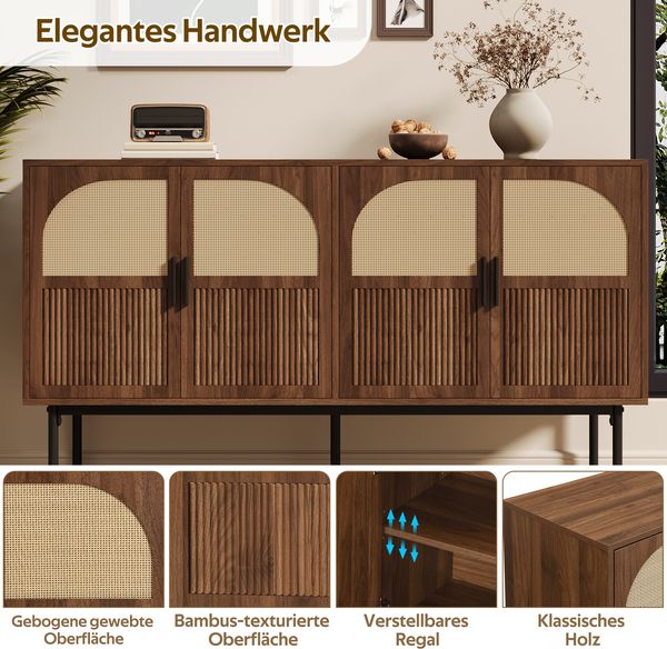 Sideboard aus MDF mit Rattanfront, Walnussholzoptik, 4 Türen, Stahlbeinen, Retro Aufbewahrungsschrank für Wohnzimmer & Flur Bild 6