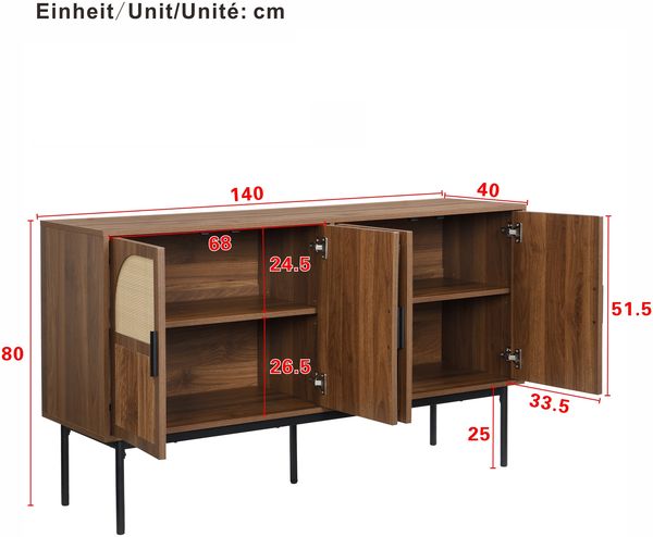 Sideboard aus MDF mit Rattanfront, Walnussholzoptik, 4 Türen, Stahlbeinen, Retro Aufbewahrungsschrank für Wohnzimmer & Flur Bild 7