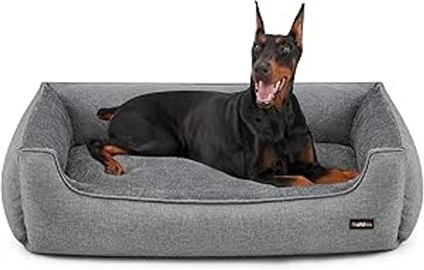 Feandrea Hundebett, Hundekissen in Leinenoptik, Hundekorb, erhöhte Ränder, rutschfeste Unterseite, Bezug abnehmbar waschbar, XXL, für extra große Hunde, 120 x 90 x 30 cm, hellgrau
