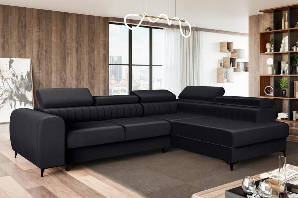 MEBLINI Schlafcouch mit Bettkasten - PORTO - 269x204x72cm Rechts - Schwarz Samt - Ecksofa mit Schlaffunktion - Sofa mit Relaxfunktion und Kopfstützen - Couch L-Form - Eckcouch - Wohnlandschaft