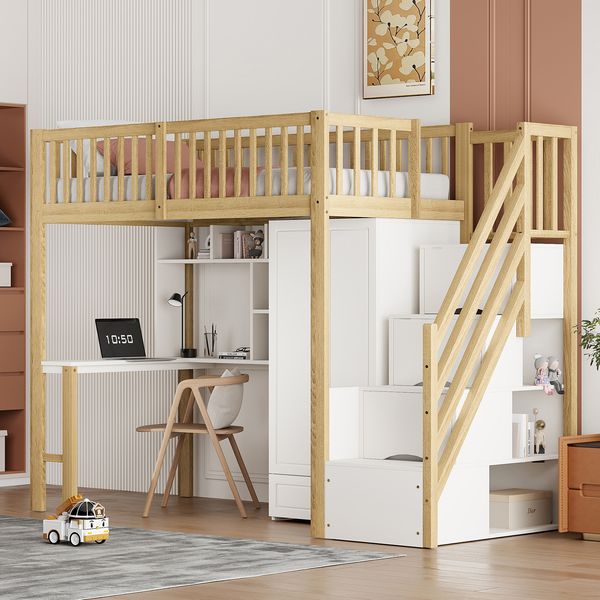 Hochbett aus Holz mit Kleiderschrank, Schreibtisch & Treppe, 90x200 cm, Weiß/Holzfarbe, ohne Matratze