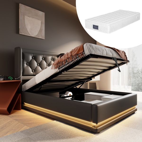 Polsterbett 90×200 cm mit hydraulischem Bettkasten, LED & USB-C, Schwarz, mit Matratze