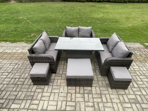 Fimous Rattan Garten Möbel Set Einstellbarer Aufsteigenderr Esstisch mit 3 Fußhockern