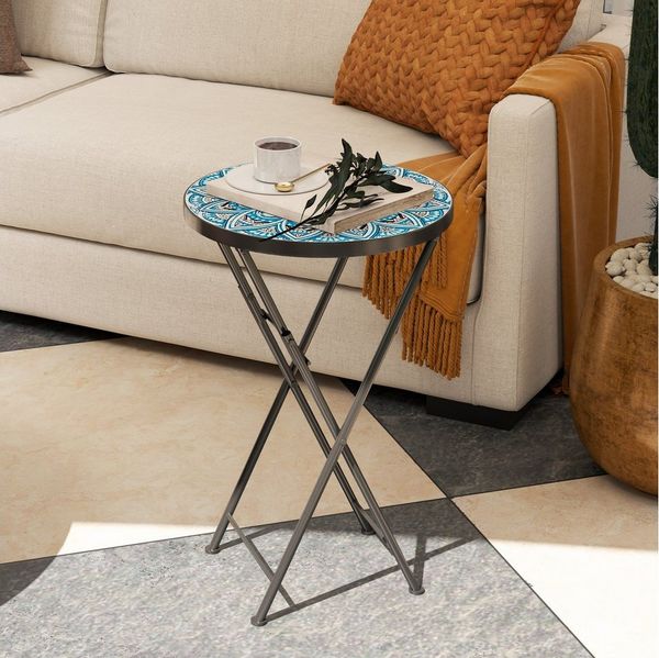 Outsunny Gartentisch mit Mosaik-Design, Ø35,5 x 55 cm, Rund, wetterfest, aus Metall (klappbar Balkontisch, 1-St, Beistelltisch), für Wohnzimmer, Büro, Outdoor, Indoor, Blau