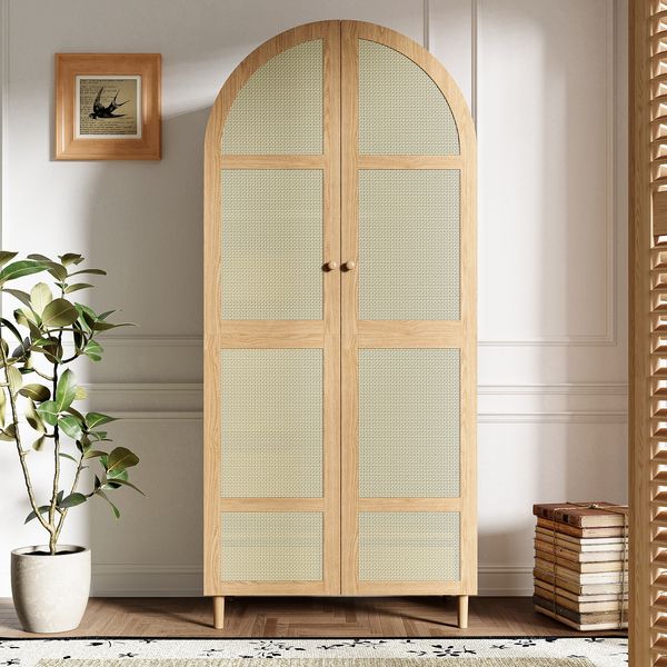 Merax Kleiderschrank mit gebogenen Türen, Großzügiger Stauraum, Mit Kleiderstange und Schubladen, Luxuriöser Kleiderschrank, Natur