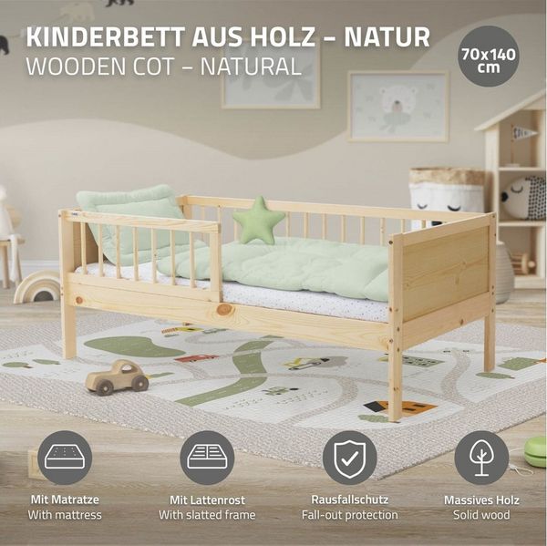 ML-DESIGN Kinderbett Bodenbett Juniorbett inkl. Lattenrost Einzelbett für Kinder Jugendbett, Junior-Bett mit Rausfallschutz & Matratze Bettrahmen aus MDF / Kiefer