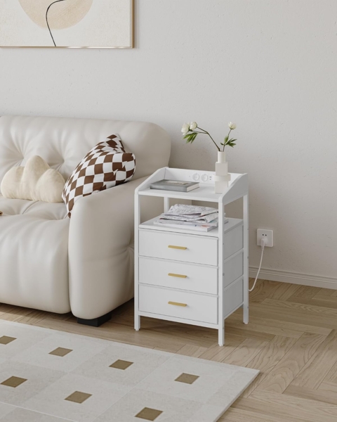 Nachttisch 2er Set, mit LED-Leuchten und Ladestation, Beistelltisch mit 3 Stoff-Schubladen und Regalen, mit USB-Anschlüssen & Steckdosen, für Schlafzimmer, Wohnzimmer, Weiß