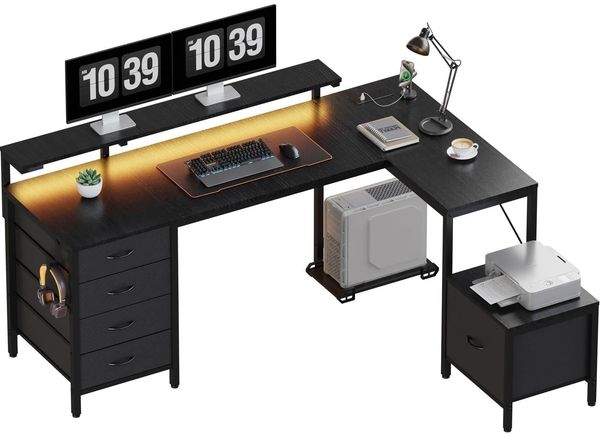 JUMMICO Schreibtisch L Form mit Schubladen, 160x120 cm Umkehrbarer Gaming-Tisch mit Steckdosen, USB-Anschlüssen, LED Beleuchtung und Monitorständer, Eckschreibtisch für Büro und Gaming Schwarz