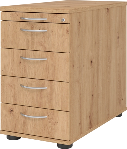 bümö Schreibtisch Schrank abschließbar, Schubladenschrank Holz in Asteiche, Container mit Schubladen - Schubladen Schrank Büro, Schreibtisch Container od. Schreibtisch Kommode mit Bogengriffe, SC50-R-R-BM