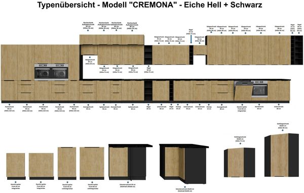Aufsatzschrank Hochschrank 50 cm CREMONA Eiche hell + Schwarz matt Küchenzeile Küchenblock Küche Einbauküche Bild 5