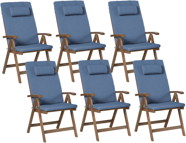 Set mit 6 Stühlen und Sitzkissen AMANTEA PREMIUM Akazienholz Blau