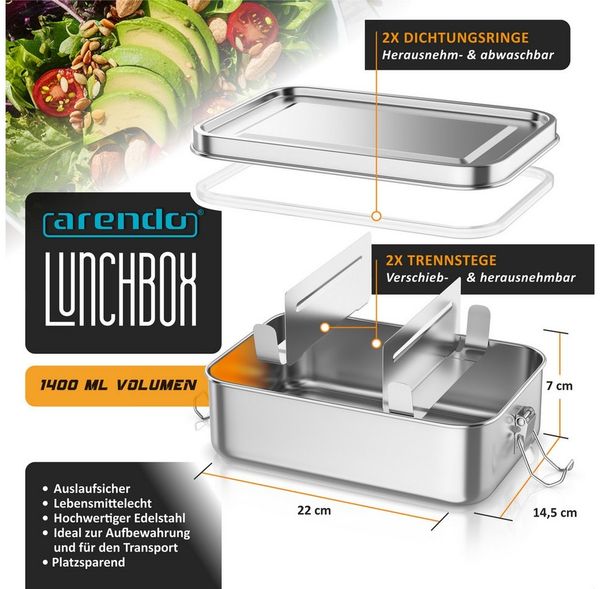 Arendo Lunchbox Edelstahl Brotdose 1400 ml mit Fächern, für Kinder und Erwachsene, Edelstahl, (1-tlg, 2 Trennstege, 2 Silikondichtungen), auslaufsicher, entnehmbare Trennstege, Dichtung, lebensmittelecht