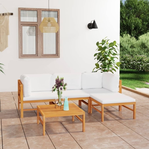 vidaXL 5-tlg. Garten-Lounge-Set mit Creme Kissen Massivholz Teak 3087198