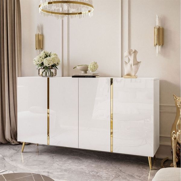 ALLHOUSE24 Kommode DIAMANT GOLD schwarz oder weiß Glanz goldene Metallfüße Sideboard, Breite 158 cm