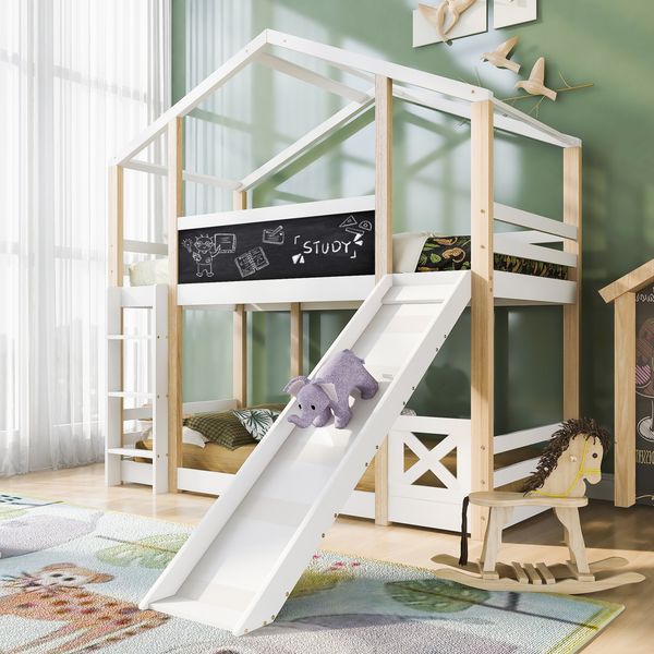 Etagenbett 90x200 cm mit Rutsche & Tafel, Hausbett aus Kiefer, Hochbett mit Leiter, sicher & spielerisch für Kinderzimmer