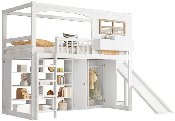 REDOM Kinderbett Stauraumbett,Etagenbett,Jugendbett (Etagenbett für Kinder mit Fallschutzgitter, Kinderrutsche und Kleiderschrank, 90x200 cm), ohne Matratze