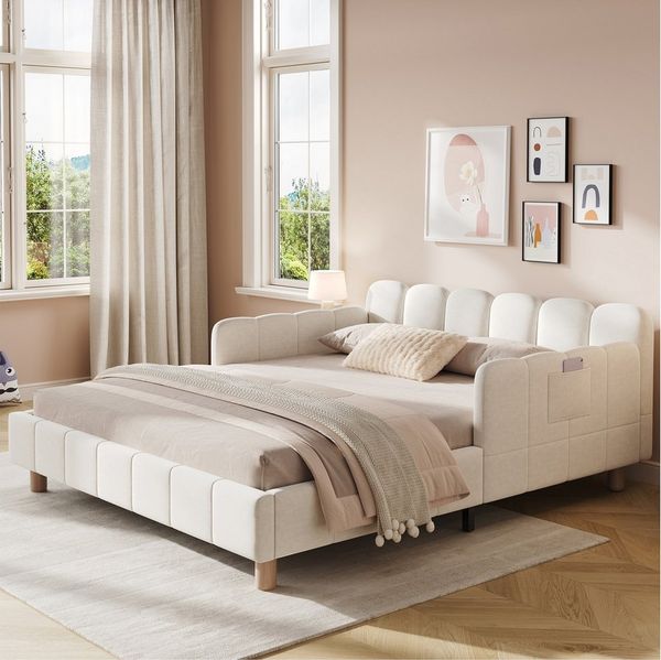 Flieks Polsterbett, Kinderbett Doppelbett 140x200 cm mit Polsterkopfteil und Rausfallschutz