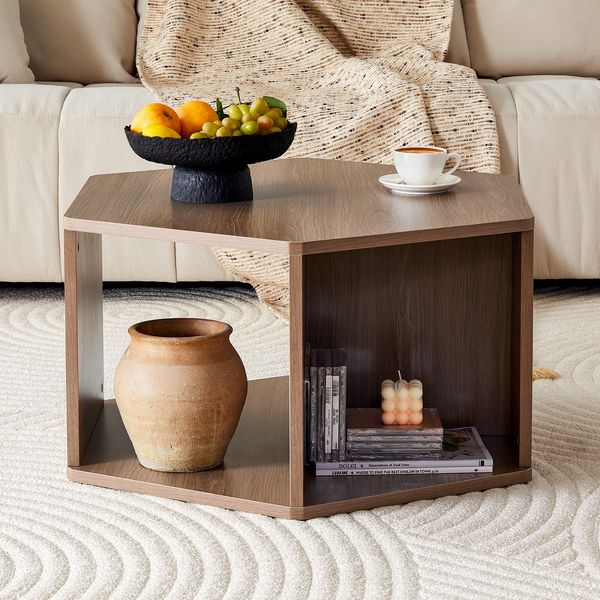 Couchtisch sechseckig B 79 x T 69,4 x H 40 cm, MDF in Walnussoptik, modernes Design