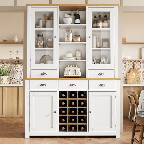 Mehrzweck-Hochschrank für Zuhause mit Kippschutz, Standschrank für Küche und Wohnzimmer mit Glastür, Metallgriffen und Soft-Close-Funktion, herausnehmbares Weinregal, Weiß