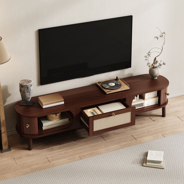 TV-Schrank Holz mit Rattanschubladen, Massivholztüren, Schiebetür, stabiles Design,Walnuss