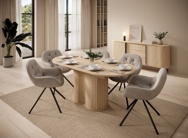 yourhouse24 Esstisch ausziehbarer Tisch MIZU 180-220 cm, Cremona Eiche, mit Lamellen (Besteht aus 1 Esstisch), Geriffelter Säulenfuß