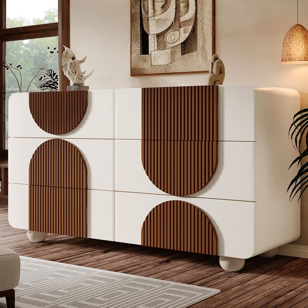 Kommode, 6 Schubladen geschwungenes Design Sideboard leise Schiebeschubladen Kippsicherung, Holz, Weiß/Schokoladenfarbe, 121x71x41cm