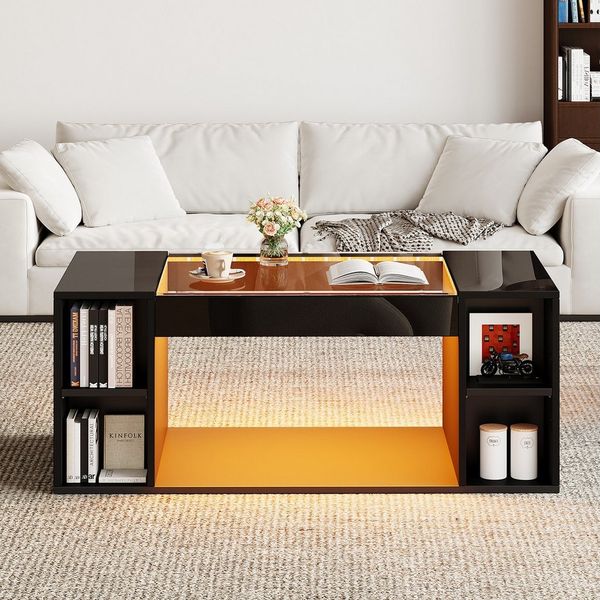 Merax Couchtisch Hochglanz Sofatisch Beistelltisch mit LED-Beleuchtung (100 x 50 x 40 cm, 1-St), Wohnzimmertisch mit gehärteter Glasplatte & offenem Mittelteil