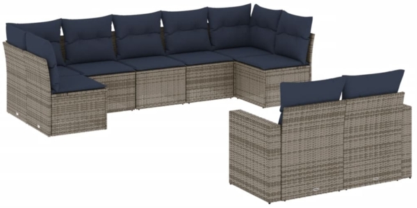 vidaXL 9-tlg. Garten-Sofagarnitur mit Kissen Grau Poly Rattan 3219411
