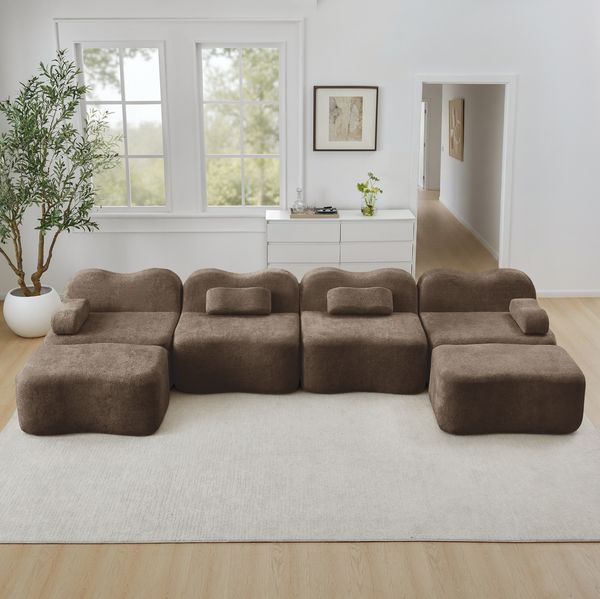 Modulares Ecksofa aus Samt, rahmenlos, Wellenform, 384 x 167 x 70 cm, braun, ohne Montage