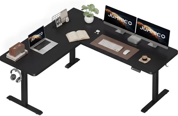 JUMMICO Eckschreibtisch Höhenverstellbar mit 3 Speicherhöhen & Kabelmanagement, 160x140 cm L-förmig Höhenverstellbarer Schreibtisch, Ergonomischer Computertisch für Homeoffice & Gaming, Schwarz