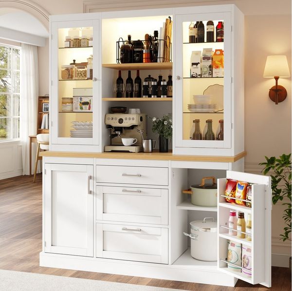 Odikalo Küchenbuffet Küchenschrank Buffetschrank mit App-gesteuerter LED-Beleuchtung (185 x 140 x 40 cm, 3 Schubladen, Arbeitsplatte, verstellbare Böden)