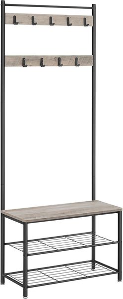 Vasagle Garderobenständer, Kleiderständer mit Schuhablagen, Schuhregal mit Sitzfläche, für Flur, mit Haken, 3 Ablagen, aus Metall, Höhe 175 cm, Industrie-Design, greige-schwarz, von Songmics HSR41MB