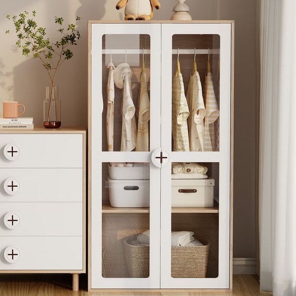 Ulife Kleiderschrank zweitüriger Glastür-Schrank mit Kleiderstange & verschiebbaren Regalen (1-St) Flurschrank, Kinderkleiderschrank, 80×50×150 cm