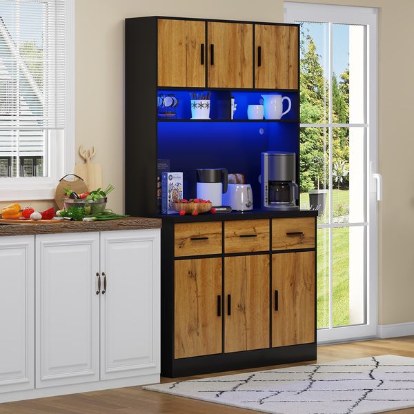 Küchenschrank mit LED-Beleuchtung & 3 Schubladen, 100x40x180 cm, Schwarz/Natur