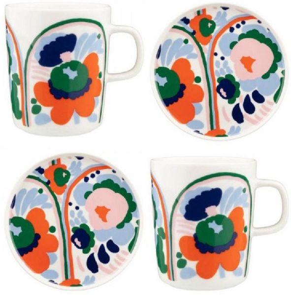 Marimekko Geschirr-Set Geschirr-Set Oiva Karuselli Weiß Hellblau Orange (4-teilig)