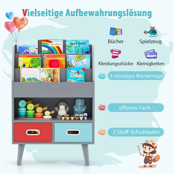 Bücherregal Kinder Kinderregal mit 3 Ablagen & offenem Fach & 2 Stoffschubladen Grau