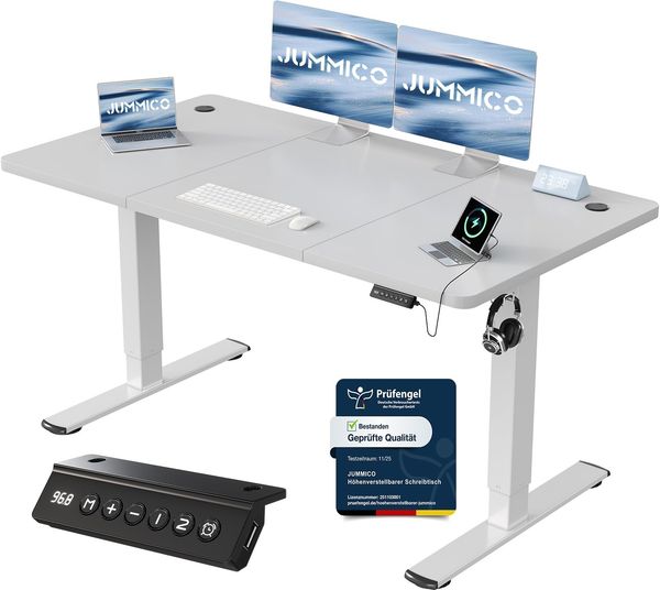 JUMMICO Schreibtisch elektrisch höhenverstellbar mit USB-Ladeanschluss, Braun, 140x60 cm